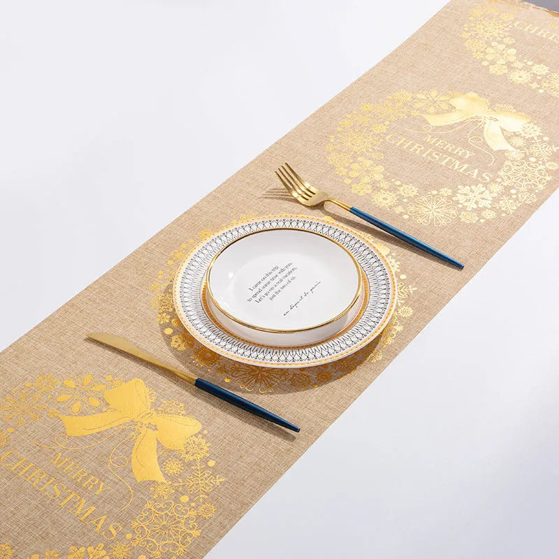 Cotton linen Christmas table runner 35x180cm with elk and snowman print for holiday dining