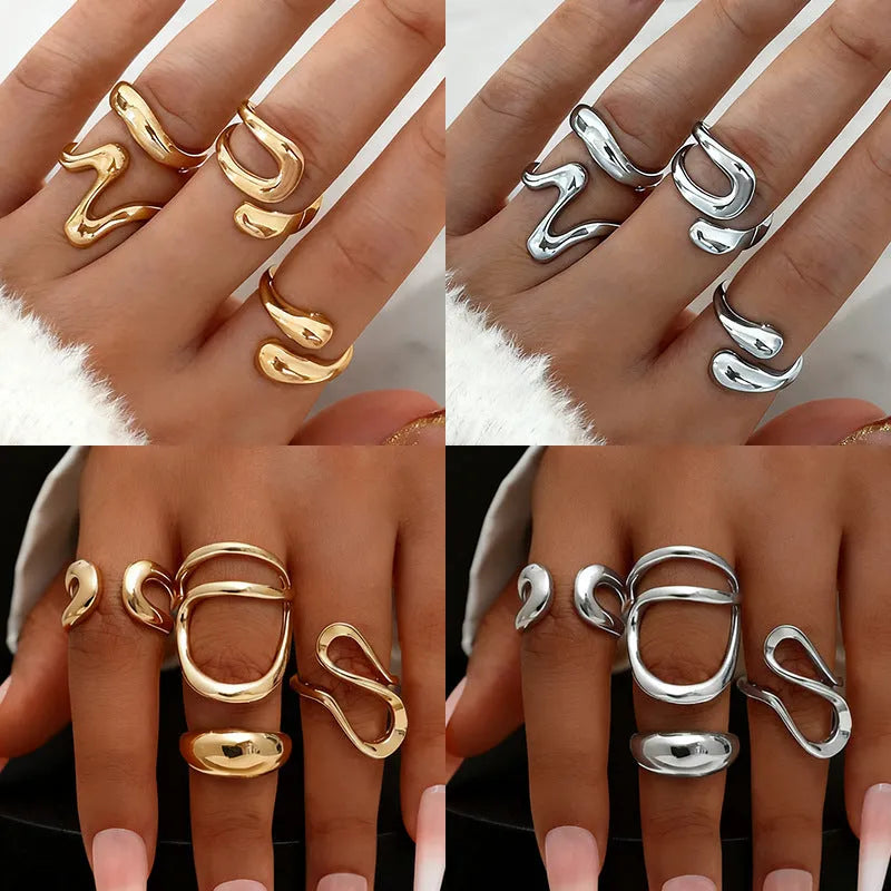 Fashion simple open geometric metal ring set for women, gold electroplated finish, Style 1