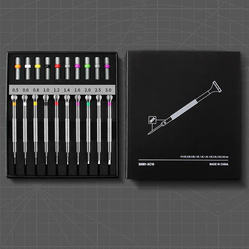 10-piece manual screwdriver set for watch repair with cross and straight heads and spare drill bits