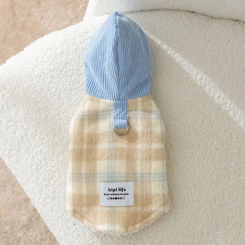 Blue corduroy dog hoodie with a black and white chessboard grid pattern and a hood.