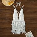 White one-piece swimsuit dress with deep V-neck and tassel decoration