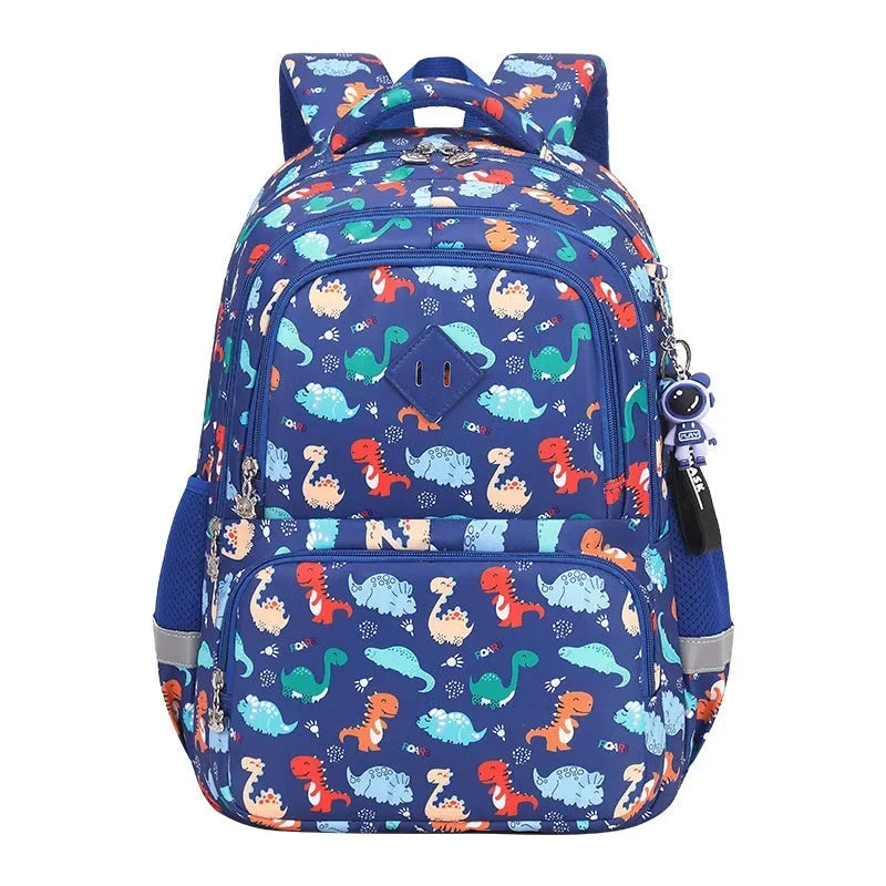 Children's waterproof school backpack with dinosaur pattern showing curved shoulder straps and spine protection feature
