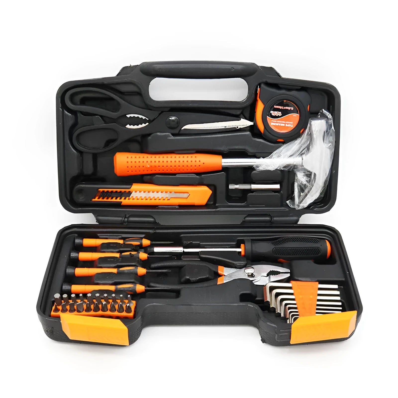 39-piece combination tool set in orange with steel and plastic tools