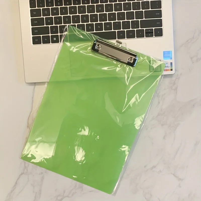 A4 blue plastic writing pad portfolio folder with metal clip, showing transparent front plate.