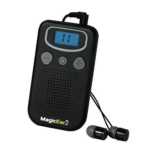 Digital display personal voice enhancer hearing aid booster in brilliant colour with handheld FM radio design