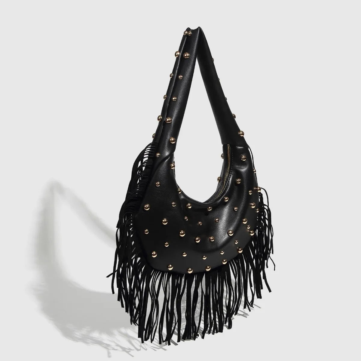 Retro tassel shoulder handbag with phone compartment in black or wine red colour
