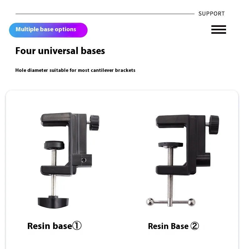 Black foldable metal desktop cantilever bracket with tablet clip extended in adjustable position
