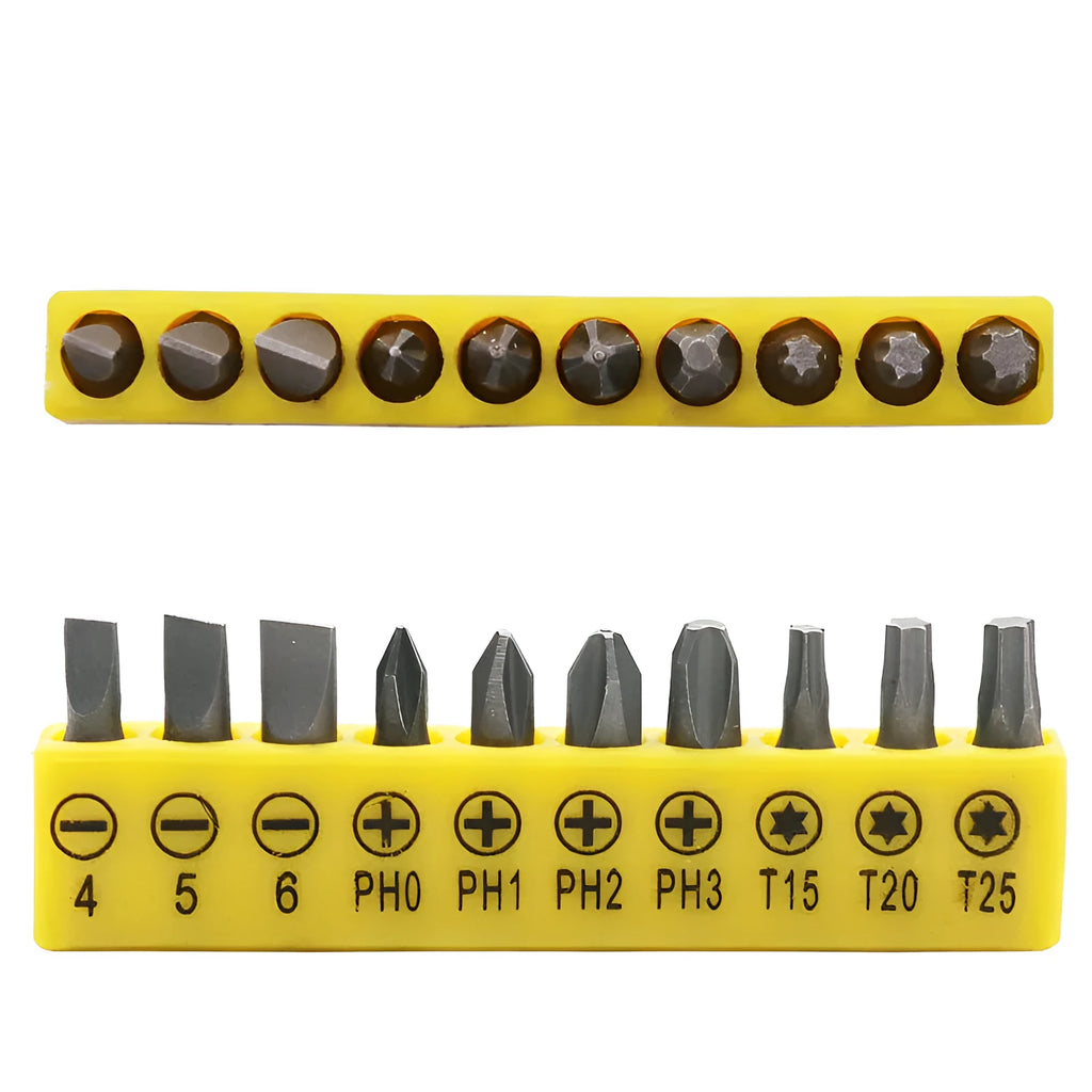L-shaped double-headed socket wrench handle with set of ten steel drill bits and ten matching socket wrenches.