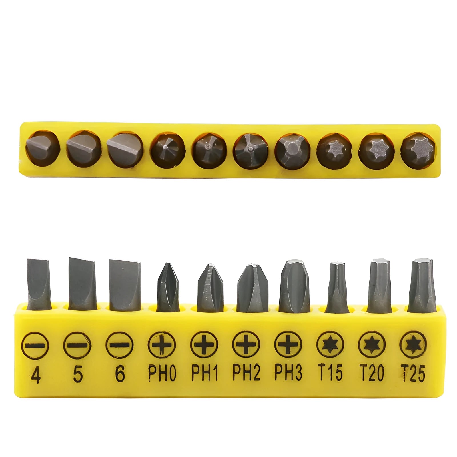 L-shaped double-headed socket wrench handle with set of ten steel drill bits and ten matching socket wrenches.