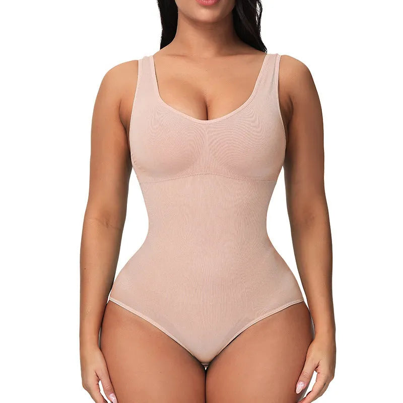 Seamless women's bodysuit corset shapewear in thin nylon fabric for waist support and hip lift.