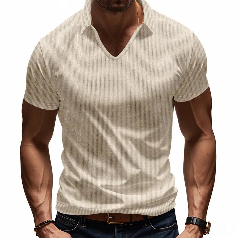 Men's light grey V-neck short sleeve t-shirt with loose fit casual design