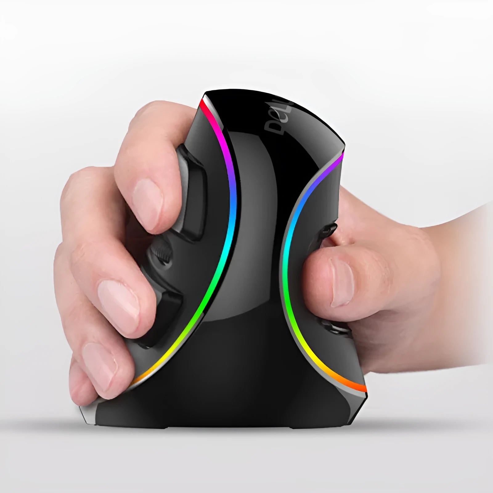 Vertical ergonomic wired computer mouse with RGB lighting, shown in three style variants.