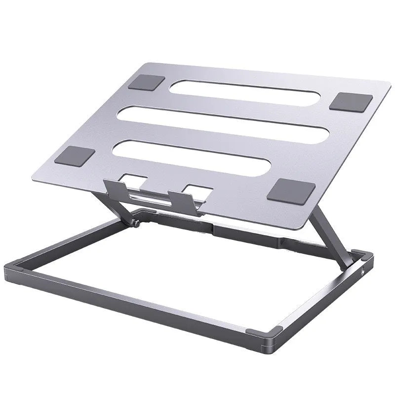 Super light aluminium alloy folding notebook cooling rack with cooling function, open on a desk showing slim profile