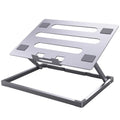 Super light aluminium alloy folding notebook cooling rack with cooling function, open on a desk showing slim profile