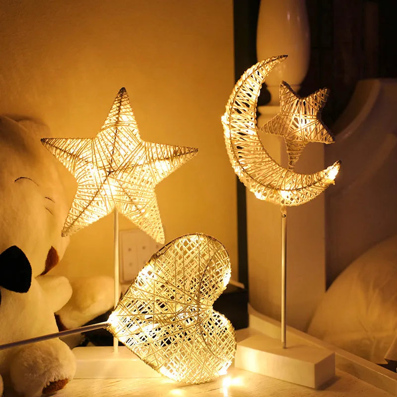 Rattan LED decorative lamp in star, heart or moon shape with warm white illumination
