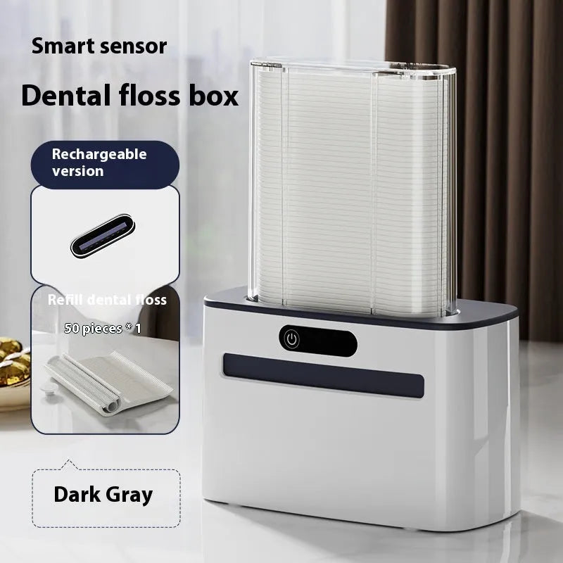 Intelligent induction automatic pop-up rechargeable dental floss box in plastic dark gray finish with floss spool