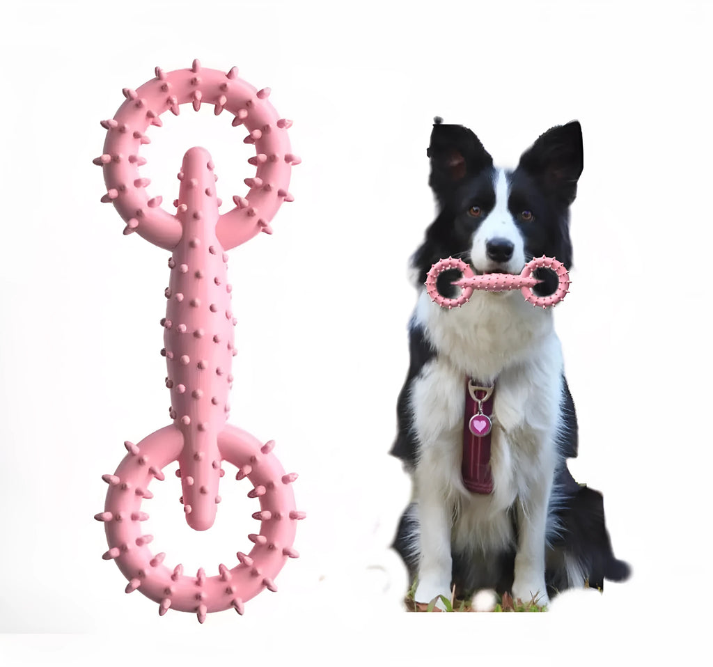 TPR thermoplastic rubber dog chew toy ring in blue green or pink measuring 16cm by 5.8cm