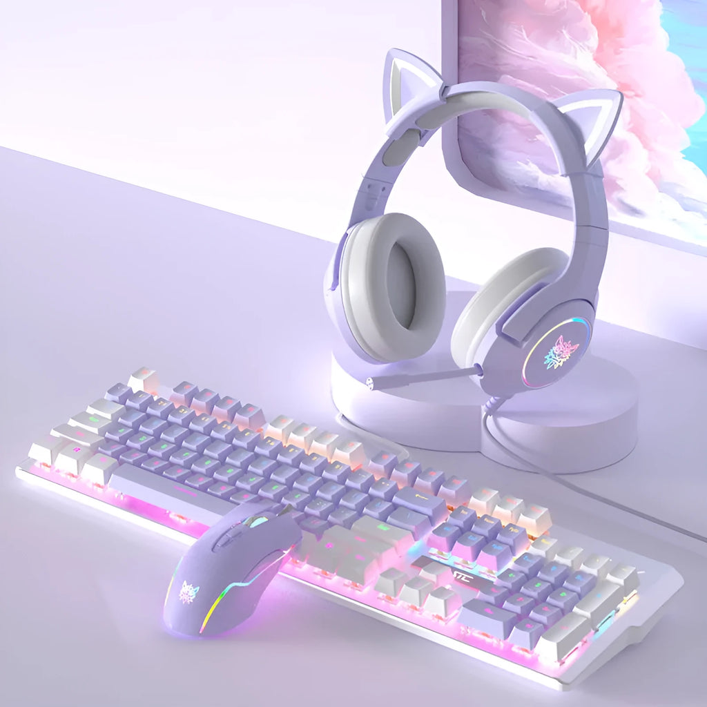 Purple and white mechanical keyboard and mouse wired combo set with backlight illumination
