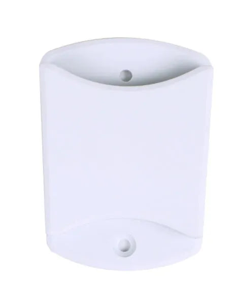 Silver aluminum desktop tablet stand with white ABS base, showing adjustable clip holding a tablet.