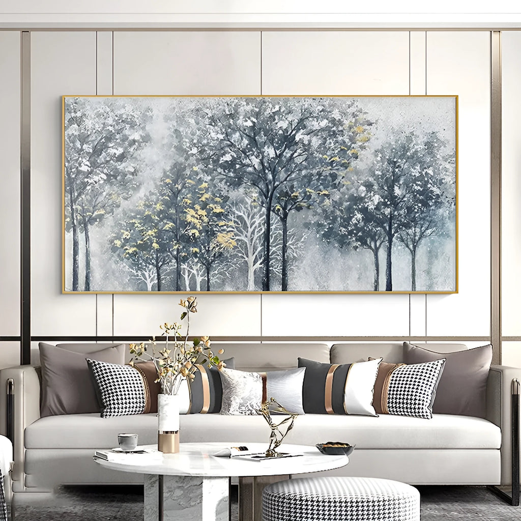 Handmade abstract silver-gray forest tree texture oil painting on canvas with blue and golden accents