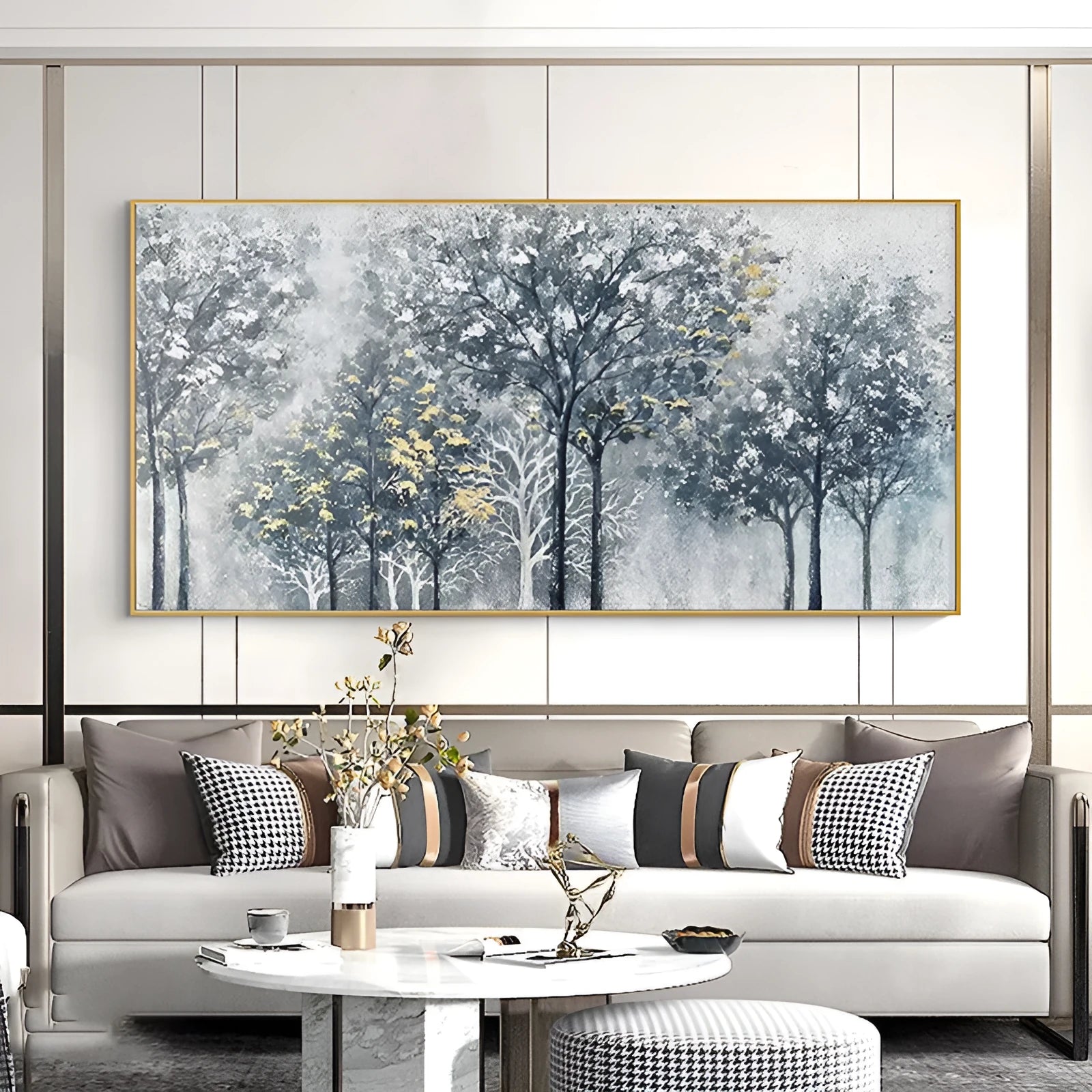 Handmade abstract silver-gray forest tree texture oil painting on canvas with blue and golden accents