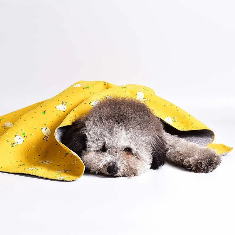 Pet double-sided cotton wool blanket kennel mat with yellow dinosaur pattern on cotton velvet fabric