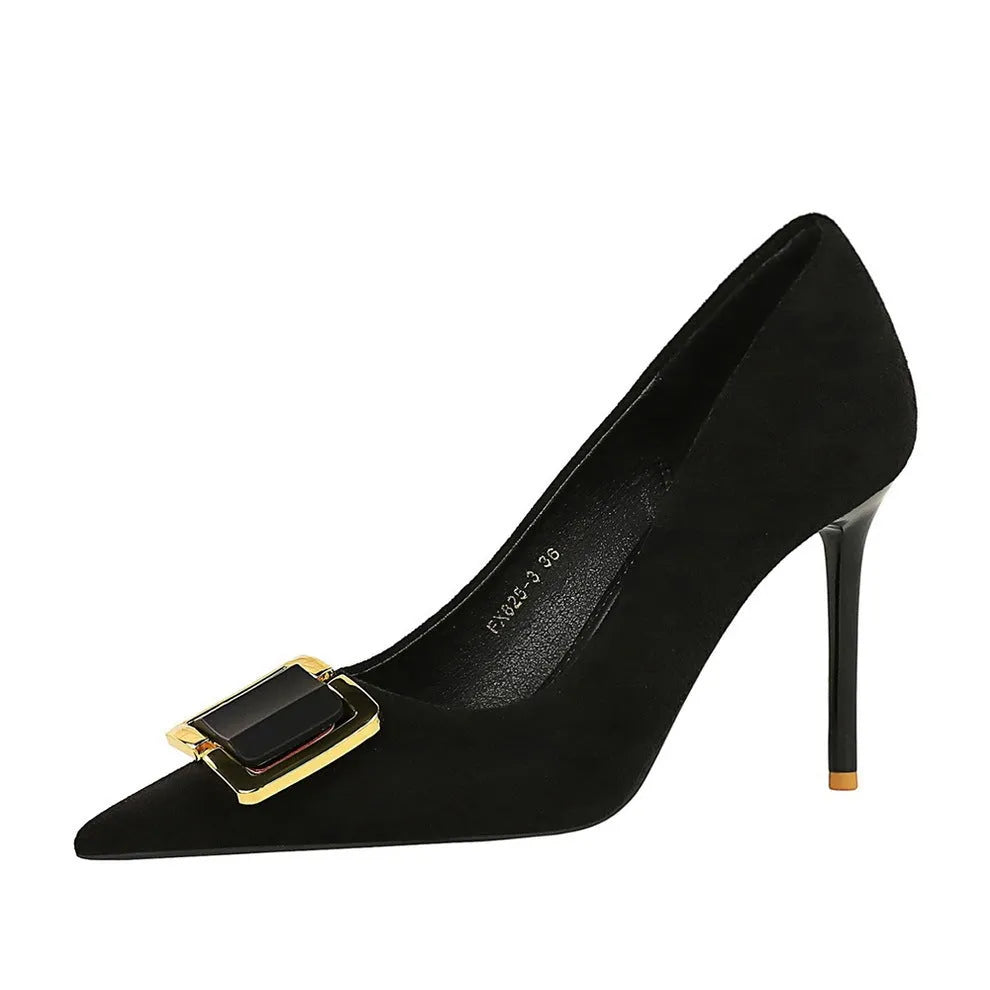 Black suede women's stiletto high heels with a 9cm heel and shallow cut, pointed toe.