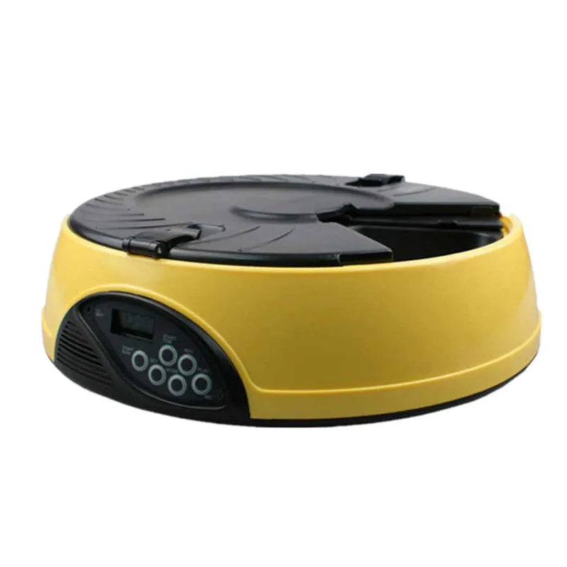 Pet automatic feeder with 6 slots, voice recorder, ABS plastic, 330ml capacity, yellow colour option