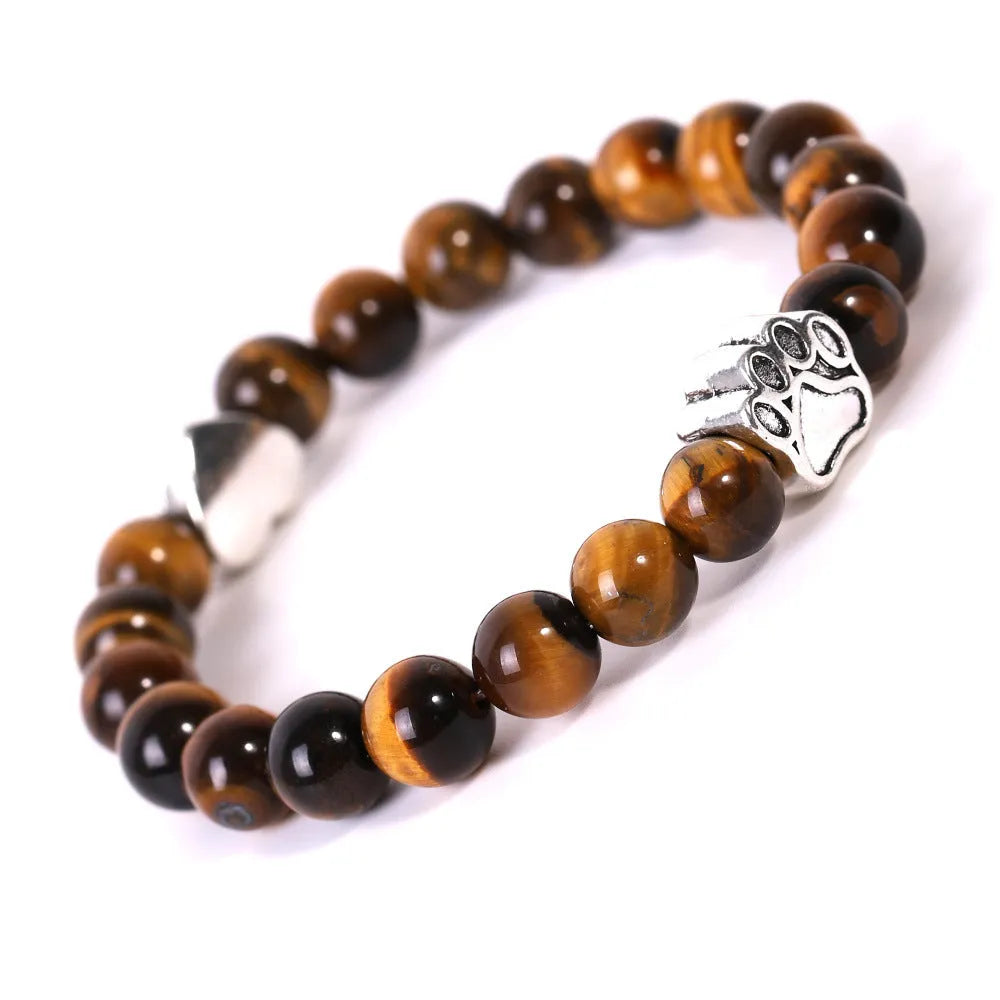 Stone bracelet with dog's paw design featuring Indian agate and tigereye beads in geometric arrangement