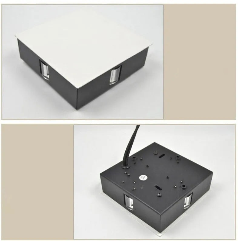 Modern square aluminium and iron LED wall light with warm white glow on a wall