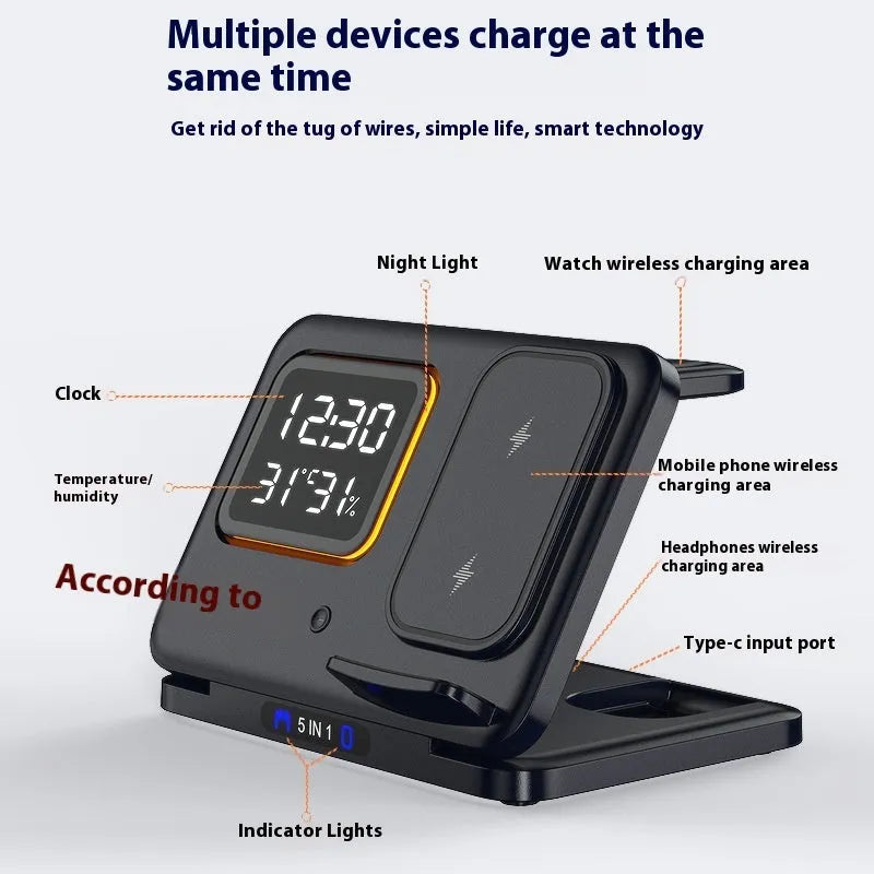 Black 5-in-1 wireless charging dock station showing phone, watch, and earbuds charging next to LED digital clock display.
