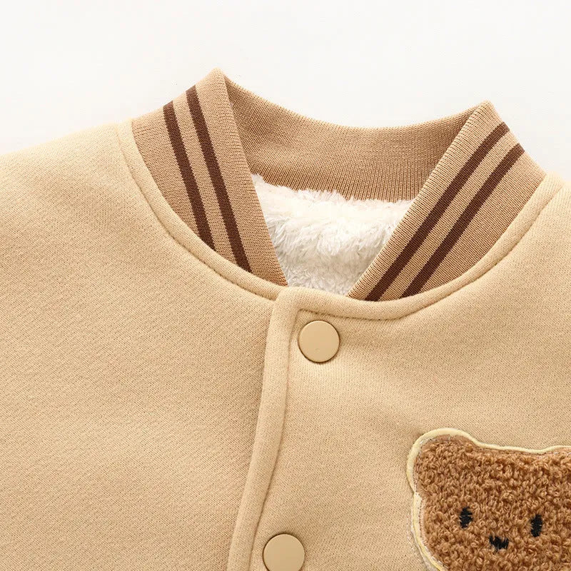 Children's fleece-lined baseball coat in cotton, light milk tea colour, with front buttons and stand collar