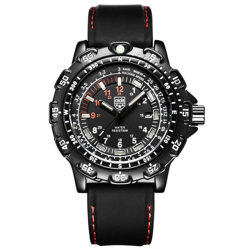 Men's quartz military watch with 45mm round alloy case, silicone band, and luminous dial on a neutral background