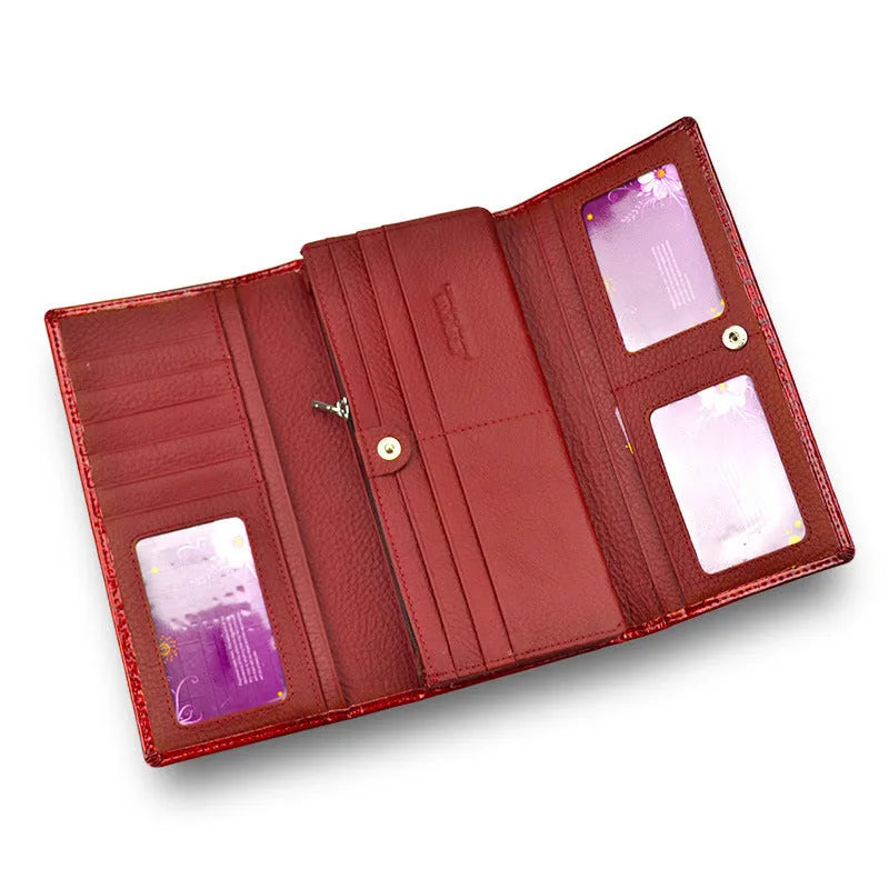 Women's leather coin purse with patent leather crocodile pattern texture in wine red colour