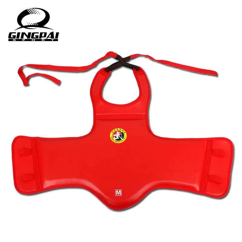 Red boxing helmet and one-piece chest protector set on a grey background.