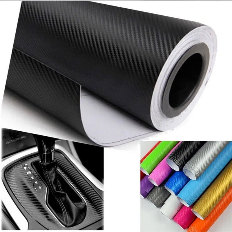 Roll of 3D carbon fiber car decoration sticker showing textured surface in multiple colour options