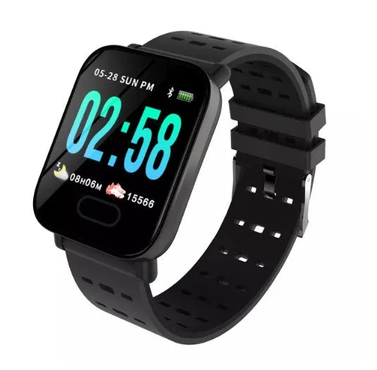 A6 smart bracelet with colour screen and zinc alloy body, shown with silicone strap in blue, black, or orange.