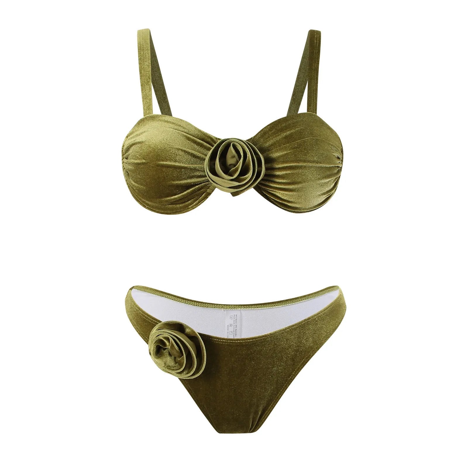Women's green floral bikini swimsuit set with bra and briefs on a mannequin.