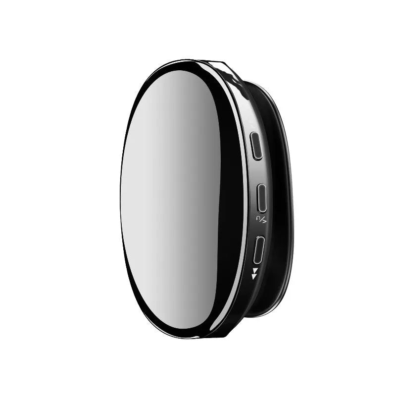A compact black Bluetooth MP4 music player with an OLED screen showing track info, placed next to wired headphones.