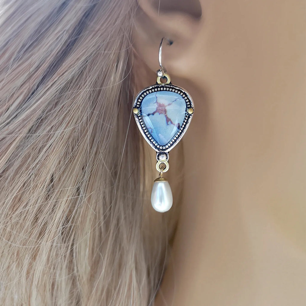 Retro blue electroplated drop earrings with synthetic blue opal and white pearl accents, Bohemian geometric design.