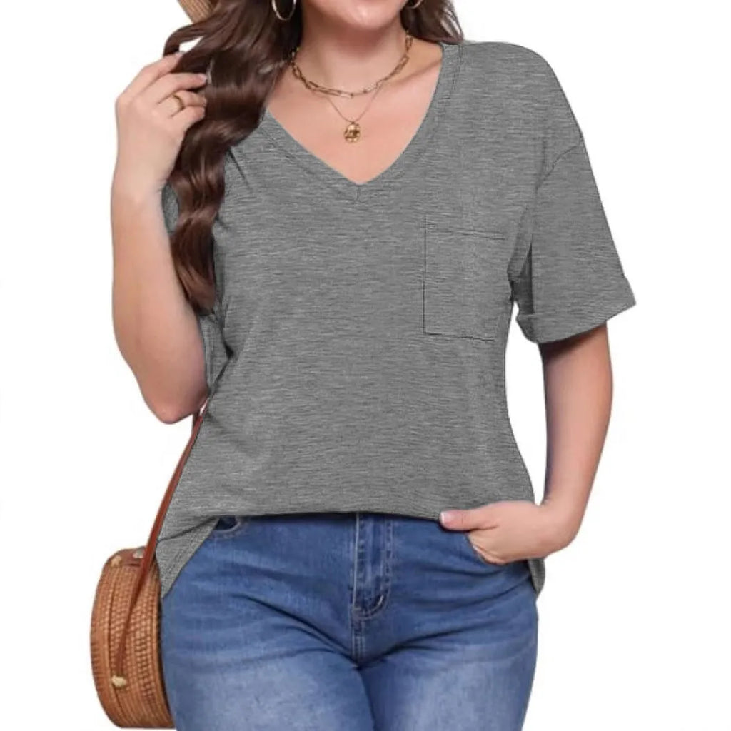 Grey loose fit V-neck T-shirt with chest pocket casual short sleeve top