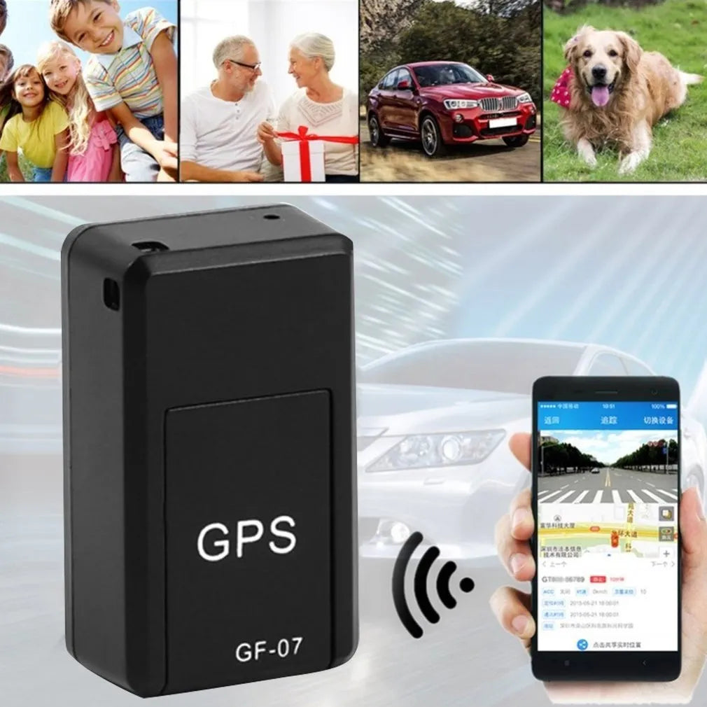 Small black magnetic GPS car tracker device for real-time vehicle and asset tracking.