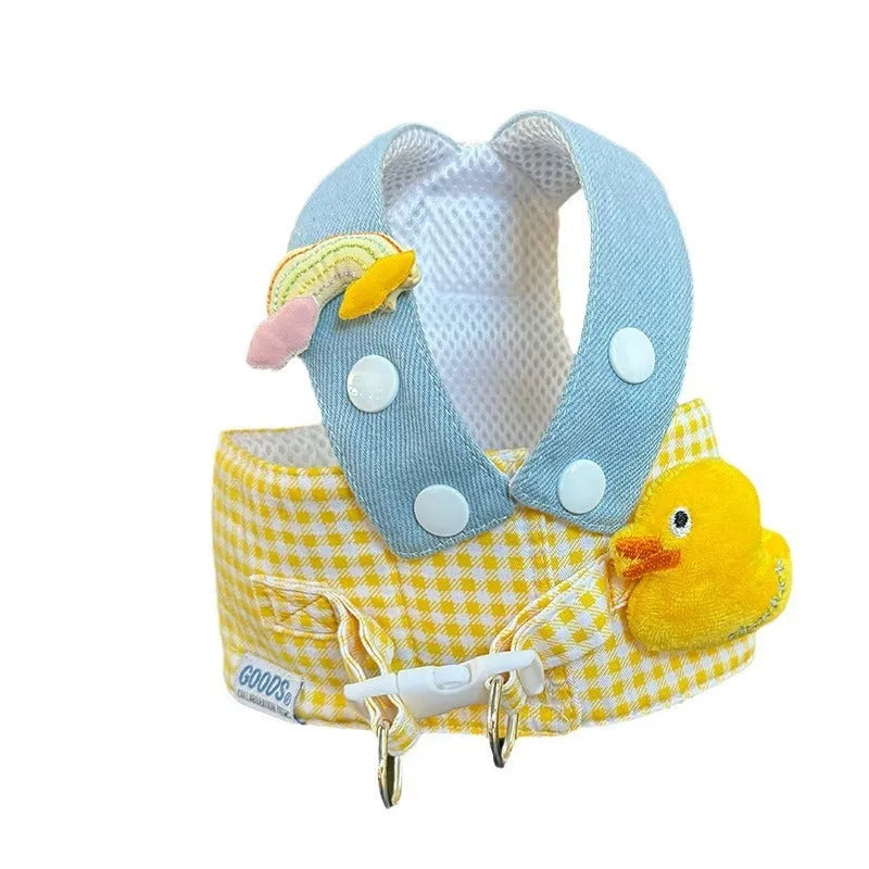 Three-piece pet set with a dog harness and leash, a wire rope pulling toy, and a cute hat on a cat or small dog.