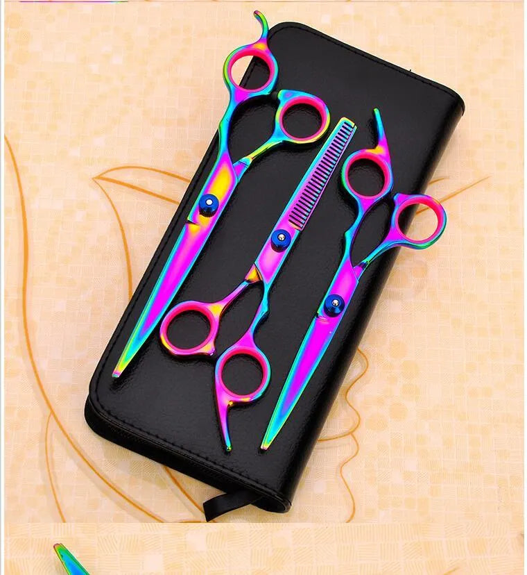Set of three DCPET pet grooming scissors on bag: 7-inch curved, 6-inch flat, 6-inch tooth shear, 4CR steel, 17.5 cm, purple colour
