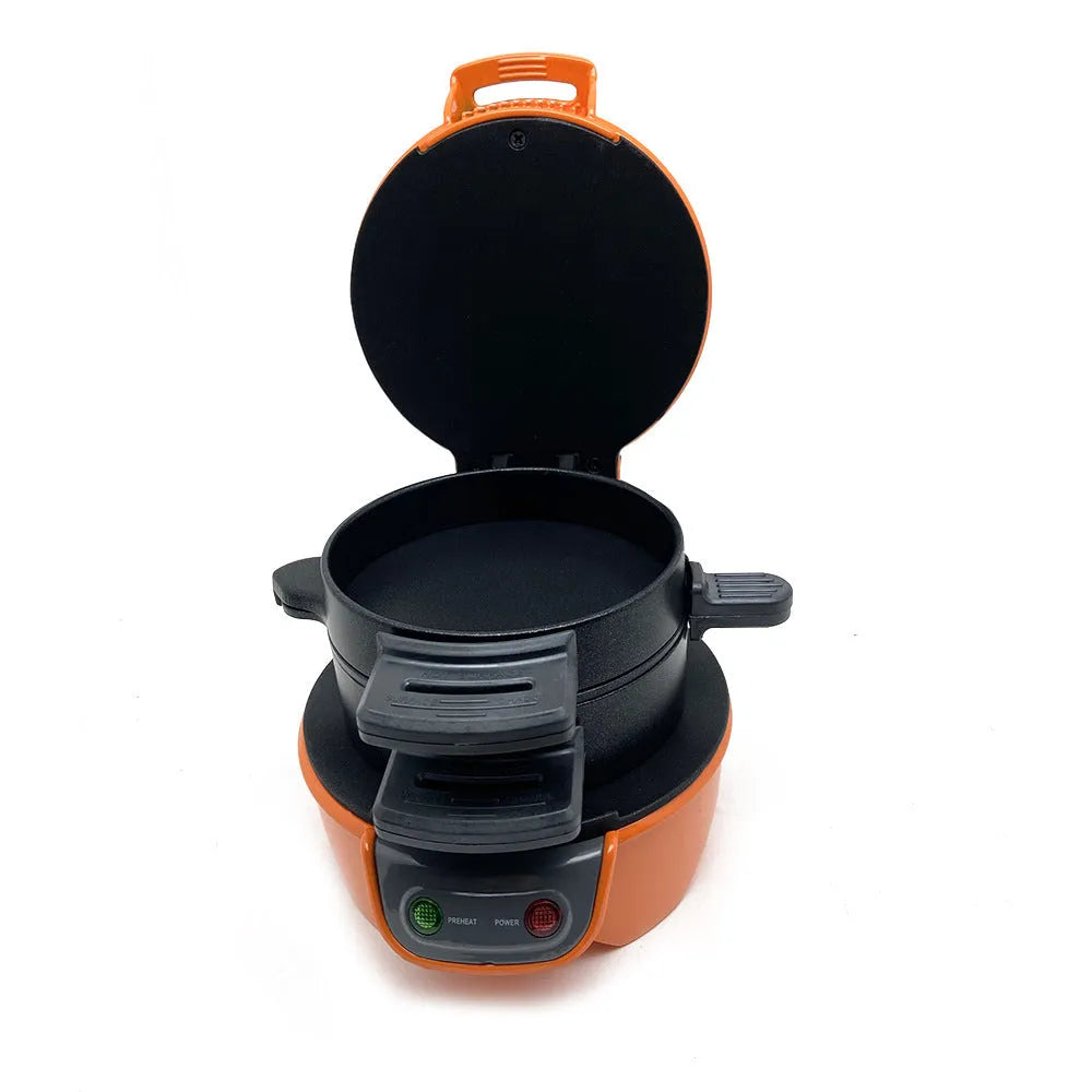 Bright red breakfast sandwich maker machine with egg cooker ring and waffle function