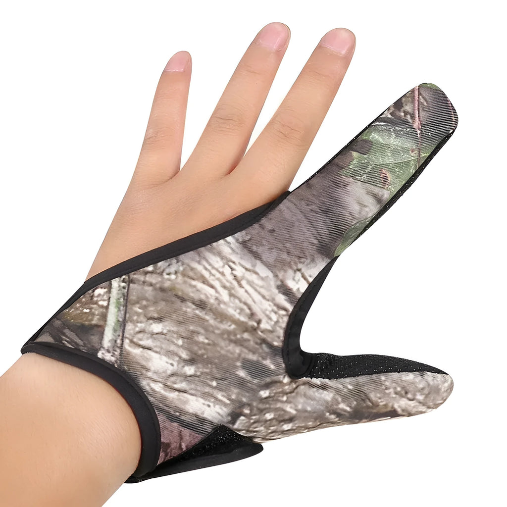 Fishing tackle two finger glove showing diving cloth back and microfiber palm, available for right or left hand