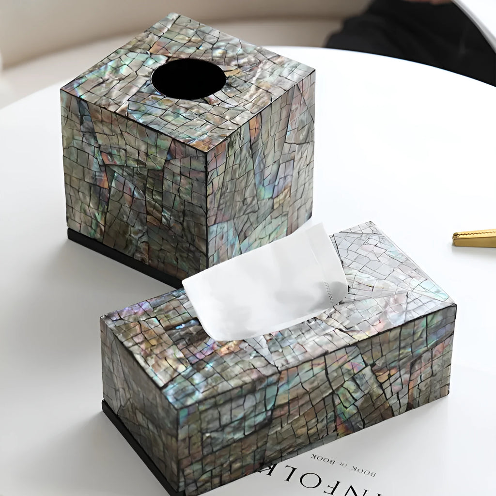 Natural shell tissue box storage container in modern design with removable organisation insert