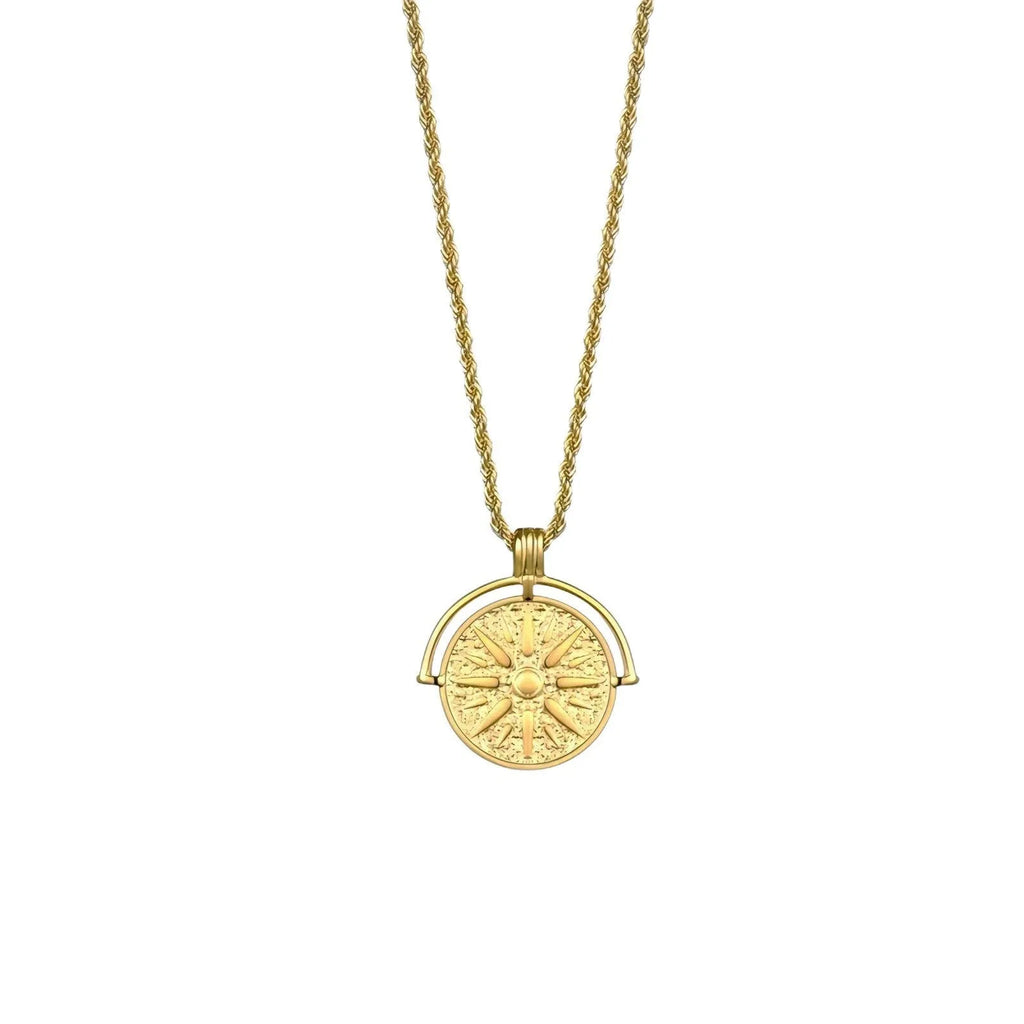 Sunflower embossed geometric round pendant necklace with hemp flowers chain in gold or steel colour
