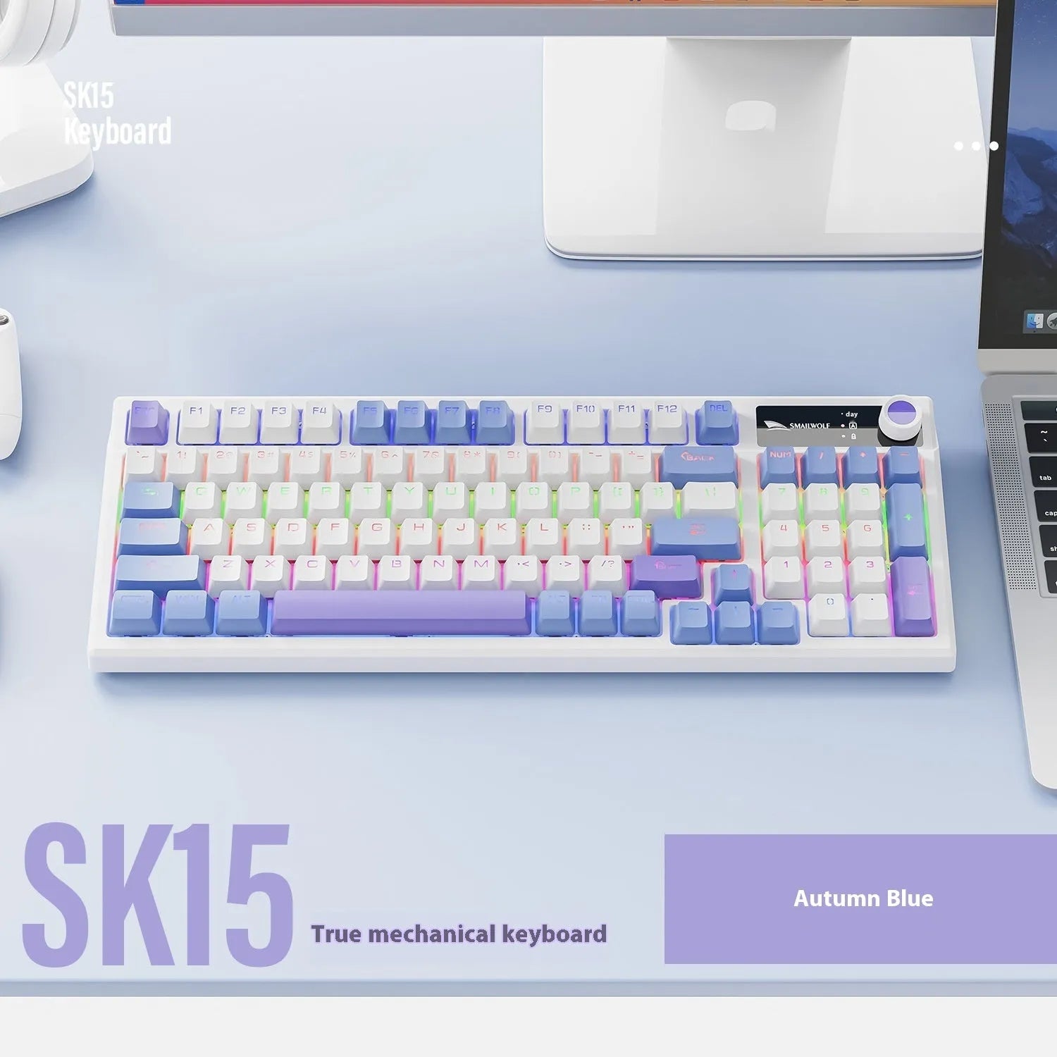 SK15 wired mechanical keyboard with control knob in Black, Sunset Orange, and Autumn Water Blue colour options.