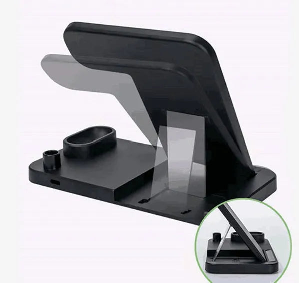 Foldable 4-in-1 wireless charging station for iPhone, Apple Watch, AirPods and Apple Pencil on a desk